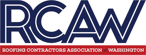 Roofing Contractors Association of Washington logo with blue RCAW lettering and red banner.