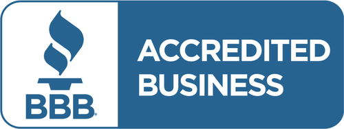 BBB Accredited Business logo with blue torch icon and white text on a blue background.