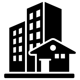 Black icon of apartment buildings and a house.