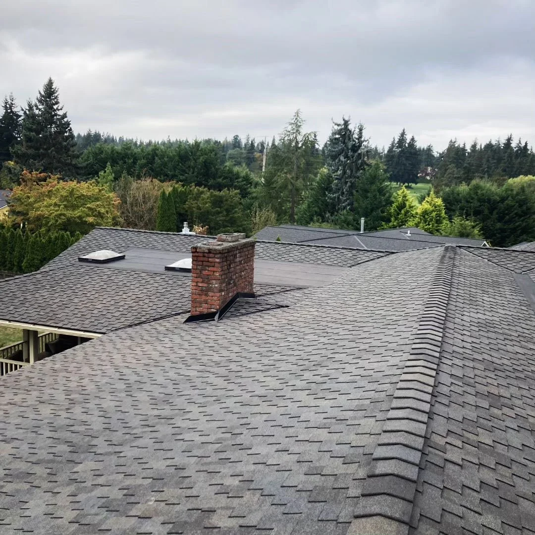 New gray shingle roof with a brick chimney and ridge caps overlooking a wooded neighborhood.