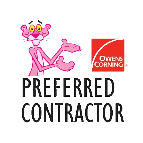 Pink Panther with Owens Corning logo and Preferred Contractor certification badge