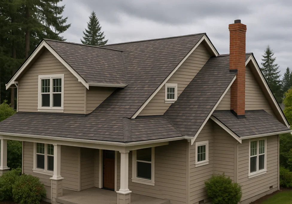 Beige home with a dark architectural shingle roof, brick chimney, and covered front porch