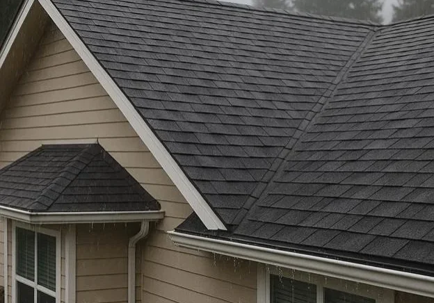 Close-up of a dark gray shingle roof with gutters during light rain