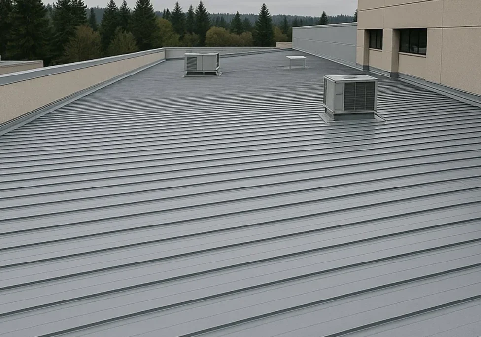 Commercial standing seam metal roof with rooftop HVAC units on a large building